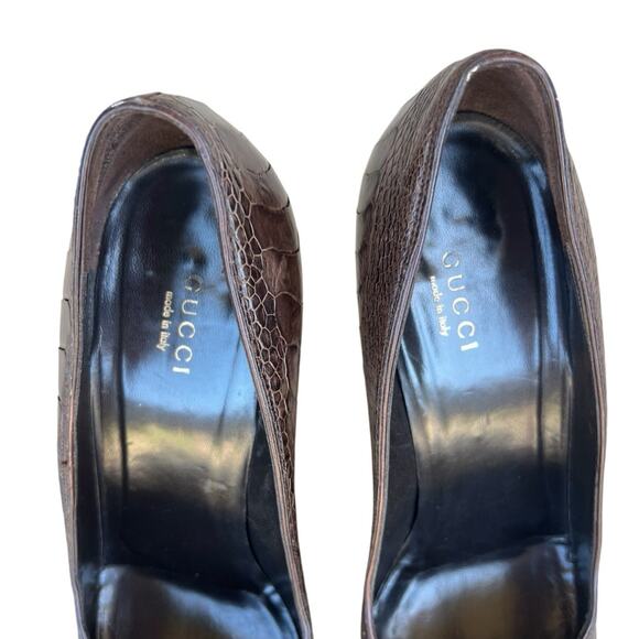 Gucci Leather Crocodile Embossed Thick Heel Pumps Cocoa Timeless Classic 8.5 - Picture 9 of 14